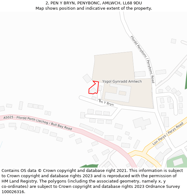 2, PEN Y BRYN, PENYBONC, AMLWCH, LL68 9DU: Location map and indicative extent of plot