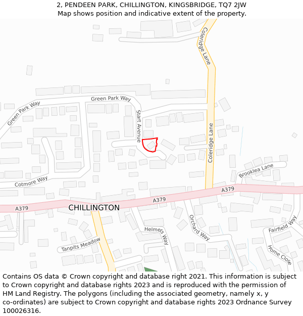 2, PENDEEN PARK, CHILLINGTON, KINGSBRIDGE, TQ7 2JW: Location map and indicative extent of plot