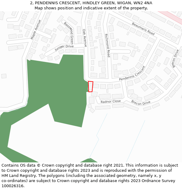 2, PENDENNIS CRESCENT, HINDLEY GREEN, WIGAN, WN2 4NA: Location map and indicative extent of plot