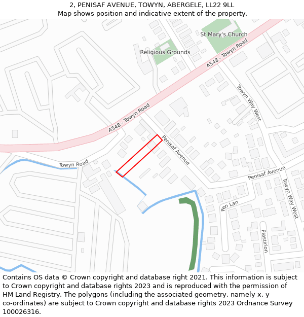 2, PENISAF AVENUE, TOWYN, ABERGELE, LL22 9LL: Location map and indicative extent of plot