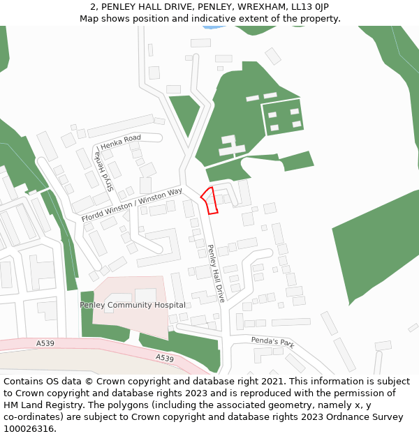 2, PENLEY HALL DRIVE, PENLEY, WREXHAM, LL13 0JP: Location map and indicative extent of plot