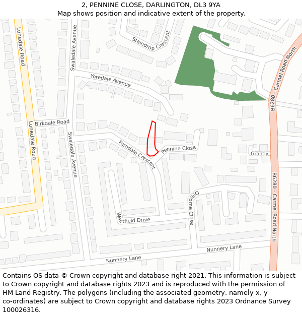 2, PENNINE CLOSE, DARLINGTON, DL3 9YA: Location map and indicative extent of plot