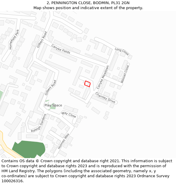 2, PENNINGTON CLOSE, BODMIN, PL31 2GN: Location map and indicative extent of plot