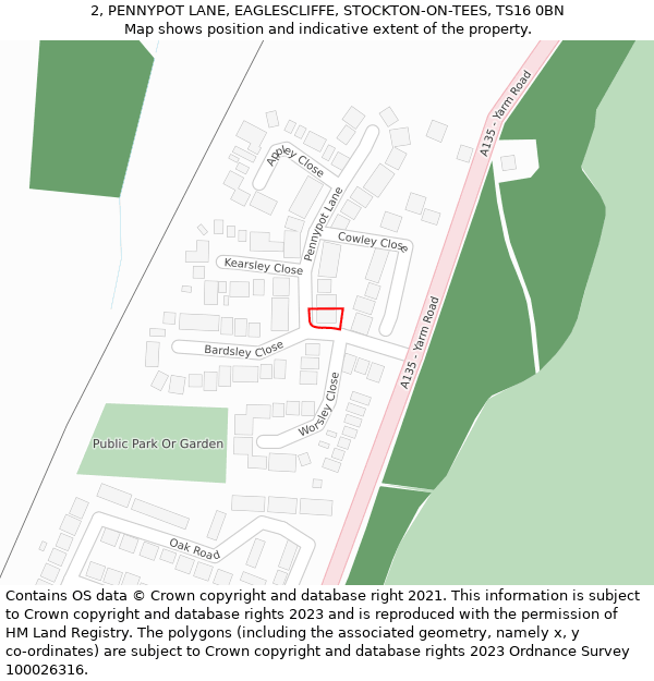 2, PENNYPOT LANE, EAGLESCLIFFE, STOCKTON-ON-TEES, TS16 0BN: Location map and indicative extent of plot