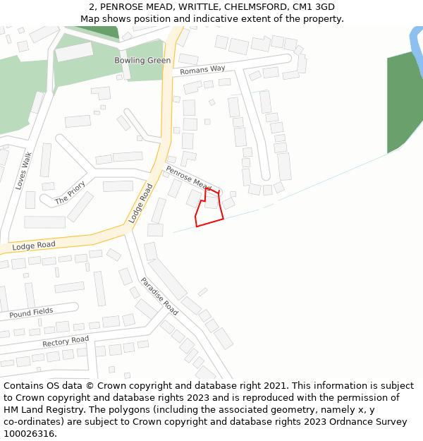 2, PENROSE MEAD, WRITTLE, CHELMSFORD, CM1 3GD: Location map and indicative extent of plot