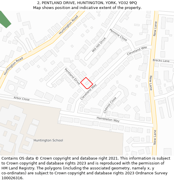 2, PENTLAND DRIVE, HUNTINGTON, YORK, YO32 9PQ: Location map and indicative extent of plot