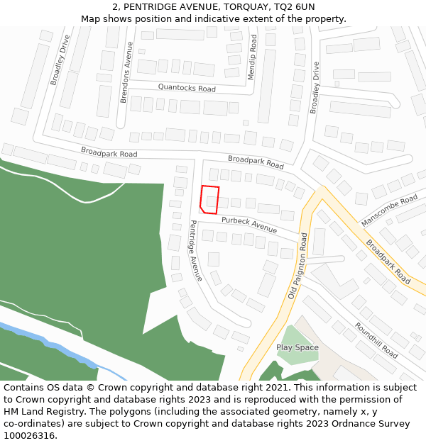 2, PENTRIDGE AVENUE, TORQUAY, TQ2 6UN: Location map and indicative extent of plot