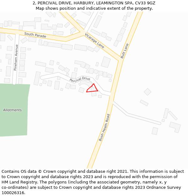 2, PERCIVAL DRIVE, HARBURY, LEAMINGTON SPA, CV33 9GZ: Location map and indicative extent of plot