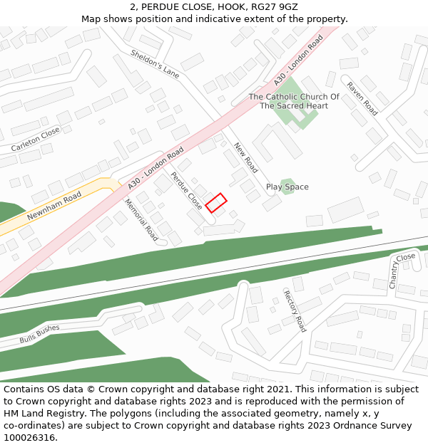 2, PERDUE CLOSE, HOOK, RG27 9GZ: Location map and indicative extent of plot