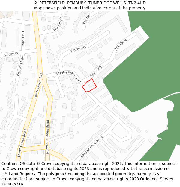 2, PETERSFIELD, PEMBURY, TUNBRIDGE WELLS, TN2 4HD: Location map and indicative extent of plot