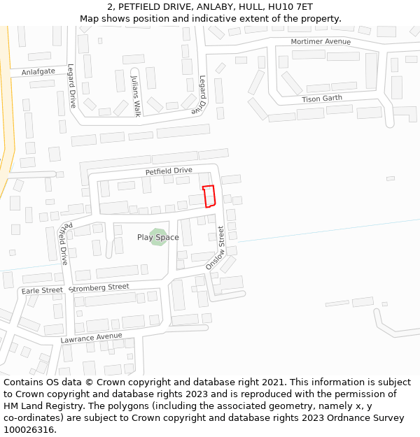 2, PETFIELD DRIVE, ANLABY, HULL, HU10 7ET: Location map and indicative extent of plot