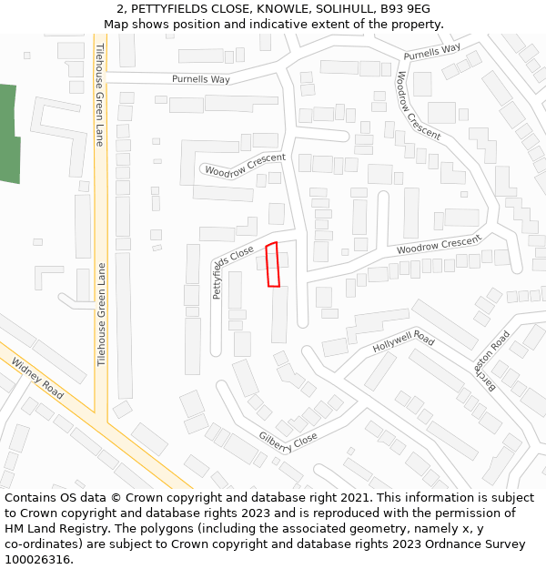 2, PETTYFIELDS CLOSE, KNOWLE, SOLIHULL, B93 9EG: Location map and indicative extent of plot