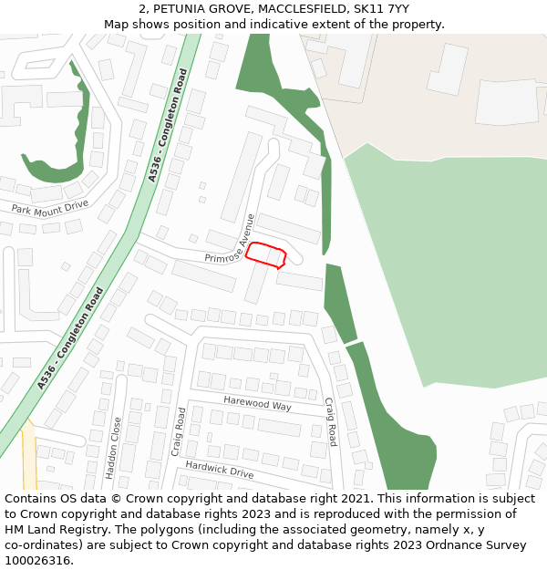 2, PETUNIA GROVE, MACCLESFIELD, SK11 7YY: Location map and indicative extent of plot