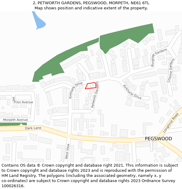 2, PETWORTH GARDENS, PEGSWOOD, MORPETH, NE61 6TL: Location map and indicative extent of plot