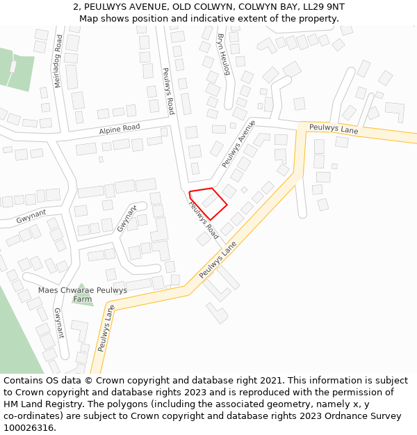 2, PEULWYS AVENUE, OLD COLWYN, COLWYN BAY, LL29 9NT: Location map and indicative extent of plot