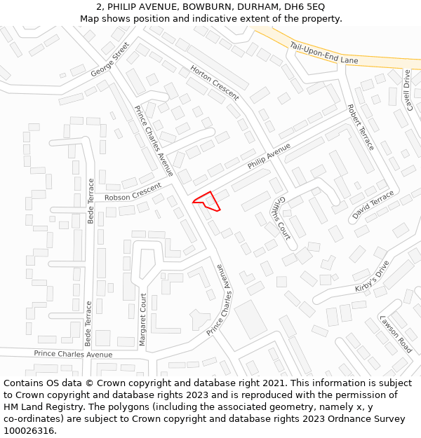 2, PHILIP AVENUE, BOWBURN, DURHAM, DH6 5EQ: Location map and indicative extent of plot