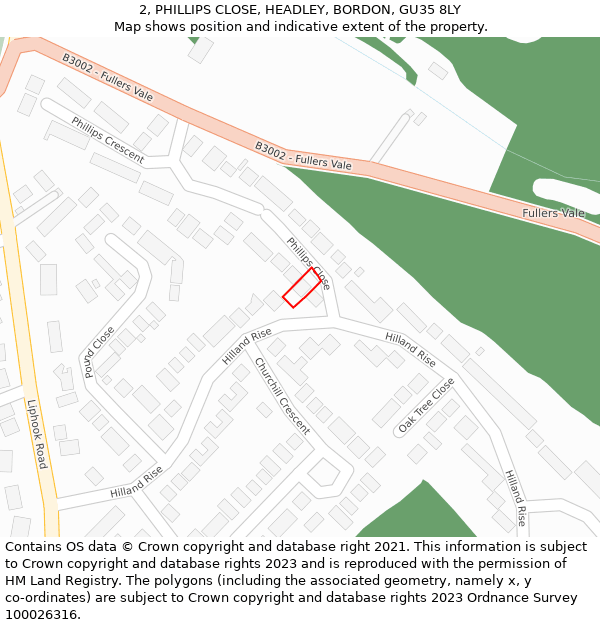 2, PHILLIPS CLOSE, HEADLEY, BORDON, GU35 8LY: Location map and indicative extent of plot