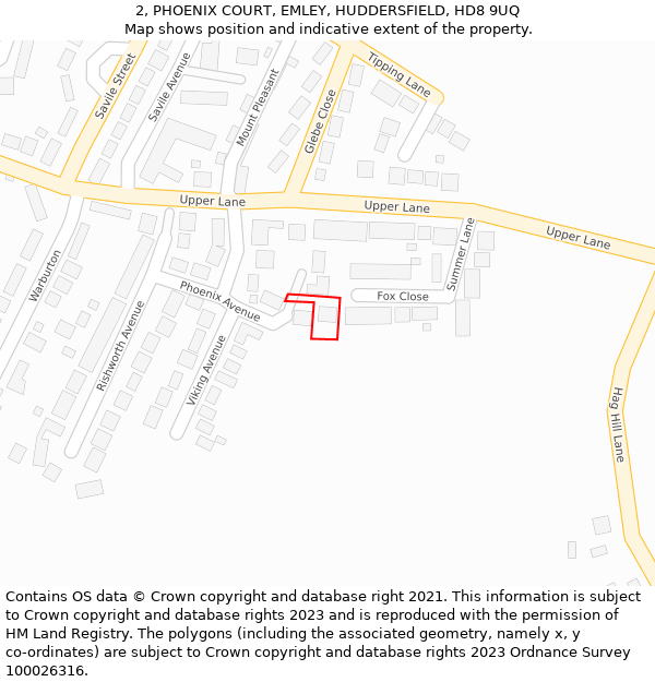 2, PHOENIX COURT, EMLEY, HUDDERSFIELD, HD8 9UQ: Location map and indicative extent of plot