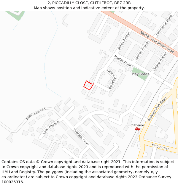 2, PICCADILLY CLOSE, CLITHEROE, BB7 2RR: Location map and indicative extent of plot