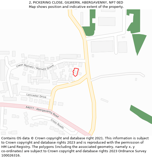 2, PICKERING CLOSE, GILWERN, ABERGAVENNY, NP7 0ED: Location map and indicative extent of plot