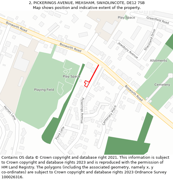 2, PICKERINGS AVENUE, MEASHAM, SWADLINCOTE, DE12 7SB: Location map and indicative extent of plot