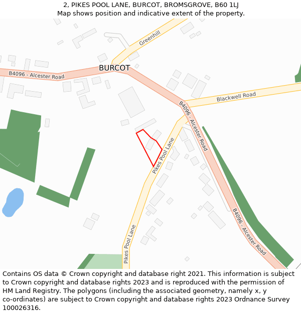 2, PIKES POOL LANE, BURCOT, BROMSGROVE, B60 1LJ: Location map and indicative extent of plot