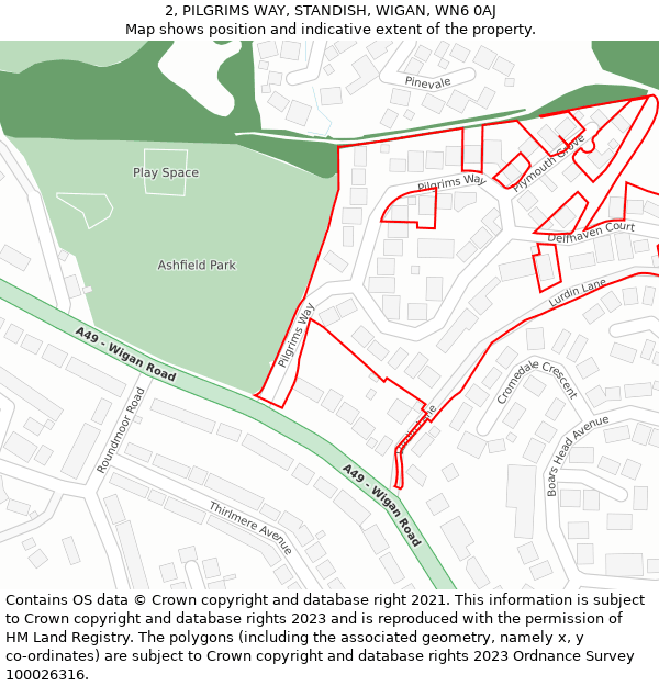 2, PILGRIMS WAY, STANDISH, WIGAN, WN6 0AJ: Location map and indicative extent of plot