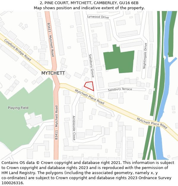 2, PINE COURT, MYTCHETT, CAMBERLEY, GU16 6EB: Location map and indicative extent of plot