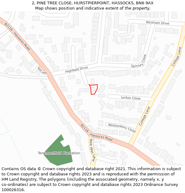2, PINE TREE CLOSE, HURSTPIERPOINT, HASSOCKS, BN6 9AX: Location map and indicative extent of plot