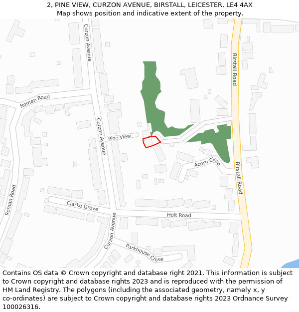2, PINE VIEW, CURZON AVENUE, BIRSTALL, LEICESTER, LE4 4AX: Location map and indicative extent of plot