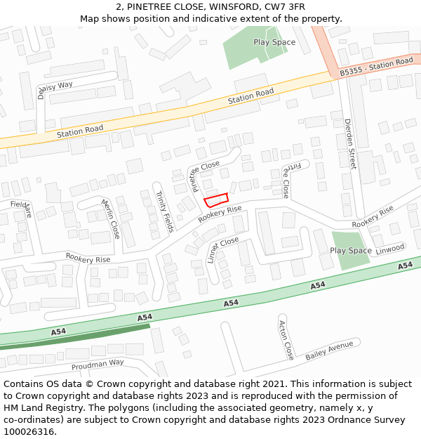 2, PINETREE CLOSE, WINSFORD, CW7 3FR: Location map and indicative extent of plot