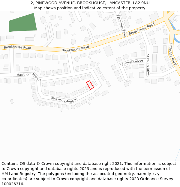 2, PINEWOOD AVENUE, BROOKHOUSE, LANCASTER, LA2 9NU: Location map and indicative extent of plot