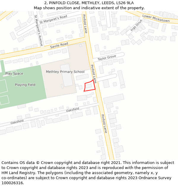 2, PINFOLD CLOSE, METHLEY, LEEDS, LS26 9LA: Location map and indicative extent of plot