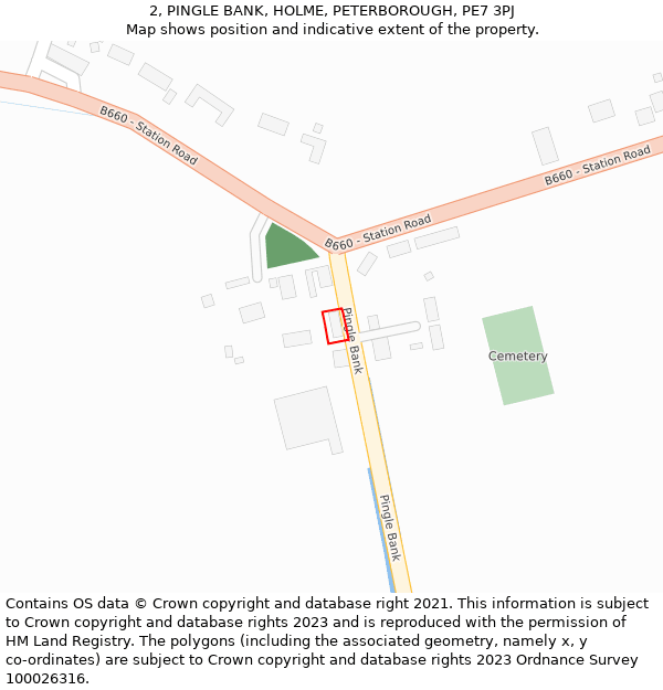 2, PINGLE BANK, HOLME, PETERBOROUGH, PE7 3PJ: Location map and indicative extent of plot