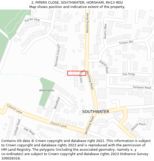 2, PIPERS CLOSE, SOUTHWATER, HORSHAM, RH13 9DU: Location map and indicative extent of plot