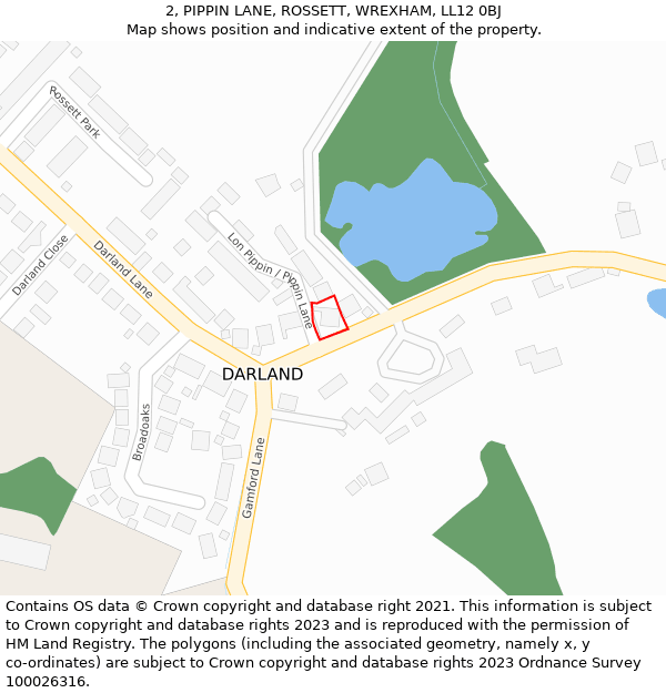 2, PIPPIN LANE, ROSSETT, WREXHAM, LL12 0BJ: Location map and indicative extent of plot