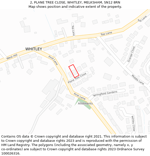 2, PLANE TREE CLOSE, WHITLEY, MELKSHAM, SN12 8RN: Location map and indicative extent of plot