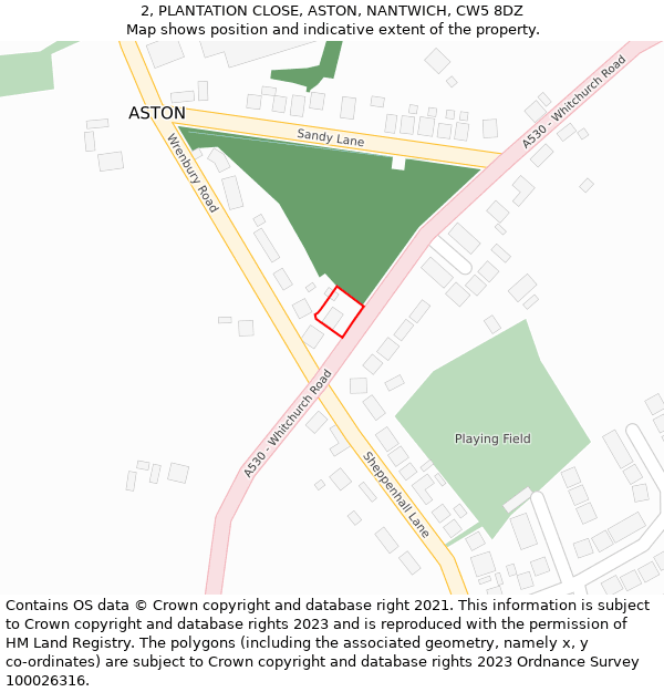2, PLANTATION CLOSE, ASTON, NANTWICH, CW5 8DZ: Location map and indicative extent of plot