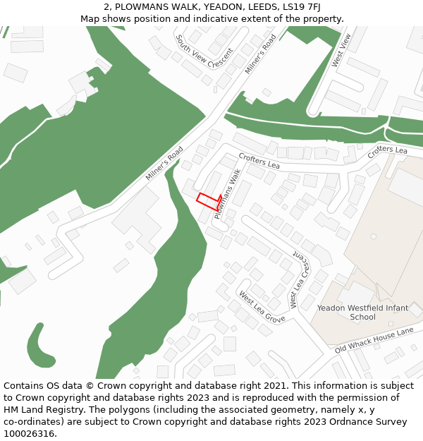 2, PLOWMANS WALK, YEADON, LEEDS, LS19 7FJ: Location map and indicative extent of plot