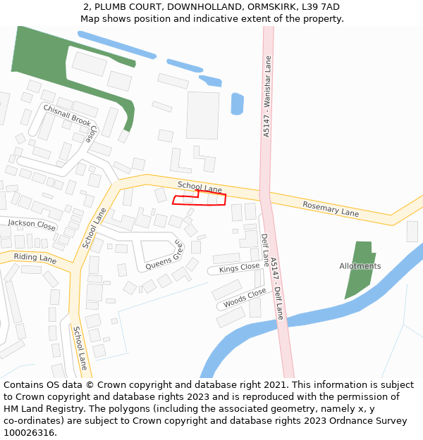 2, PLUMB COURT, DOWNHOLLAND, ORMSKIRK, L39 7AD: Location map and indicative extent of plot