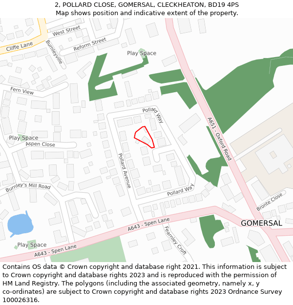 2, POLLARD CLOSE, GOMERSAL, CLECKHEATON, BD19 4PS: Location map and indicative extent of plot