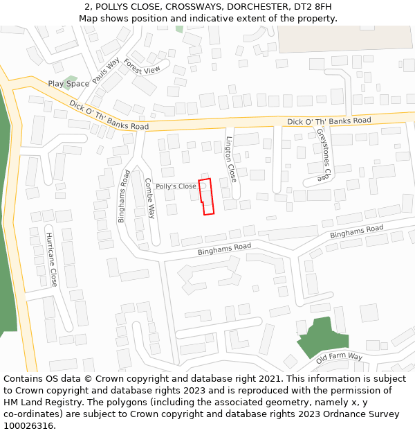 2, POLLYS CLOSE, CROSSWAYS, DORCHESTER, DT2 8FH: Location map and indicative extent of plot