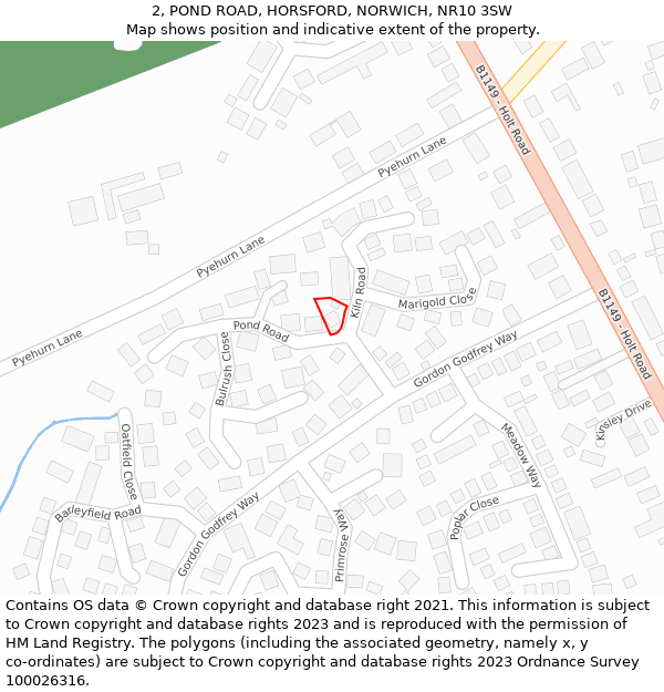 2, POND ROAD, HORSFORD, NORWICH, NR10 3SW: Location map and indicative extent of plot