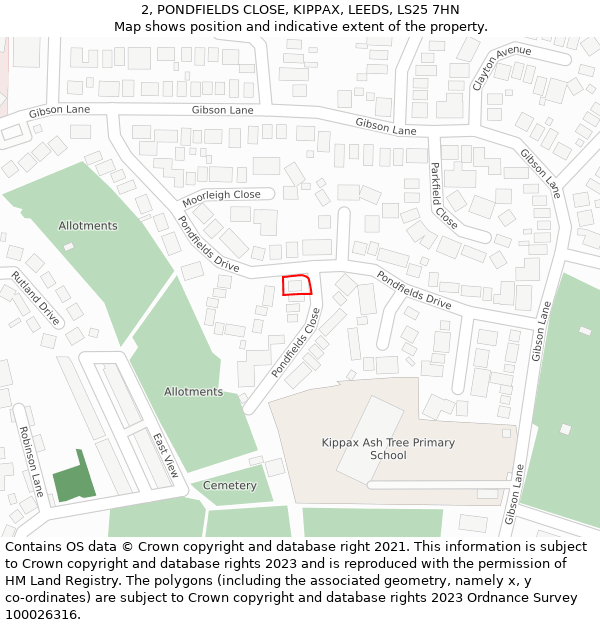 2, PONDFIELDS CLOSE, KIPPAX, LEEDS, LS25 7HN: Location map and indicative extent of plot