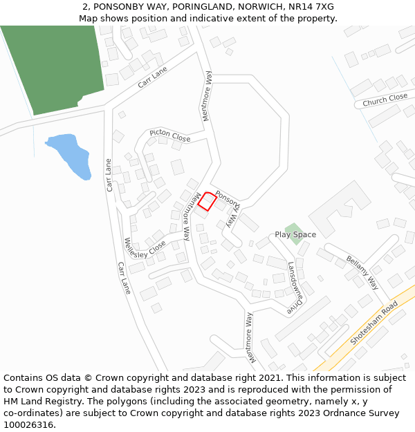 2, PONSONBY WAY, PORINGLAND, NORWICH, NR14 7XG: Location map and indicative extent of plot