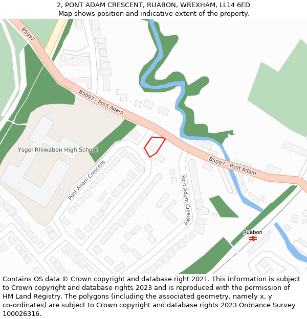 2, PONT ADAM CRESCENT, RUABON, WREXHAM, LL14 6ED: Location map and indicative extent of plot