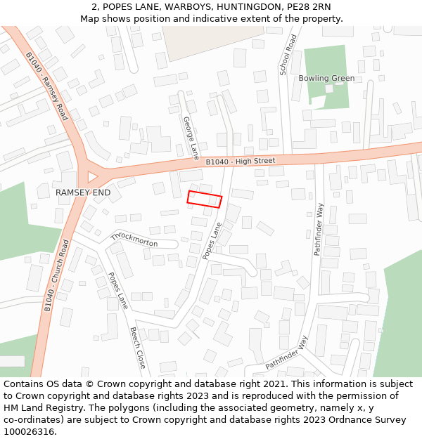 2, POPES LANE, WARBOYS, HUNTINGDON, PE28 2RN: Location map and indicative extent of plot