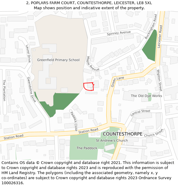 2, POPLARS FARM COURT, COUNTESTHORPE, LEICESTER, LE8 5XL: Location map and indicative extent of plot