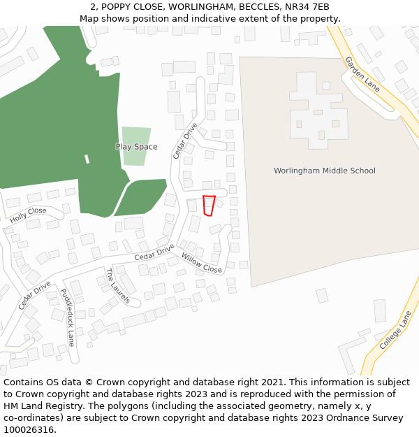 2, POPPY CLOSE, WORLINGHAM, BECCLES, NR34 7EB: Location map and indicative extent of plot