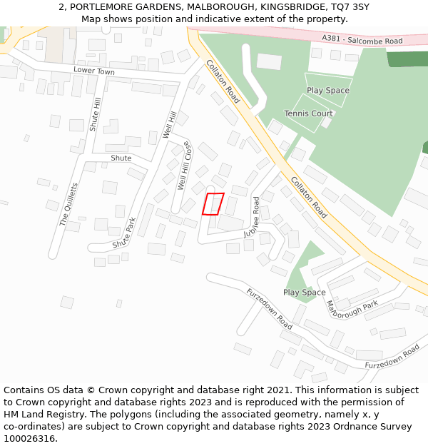 2, PORTLEMORE GARDENS, MALBOROUGH, KINGSBRIDGE, TQ7 3SY: Location map and indicative extent of plot